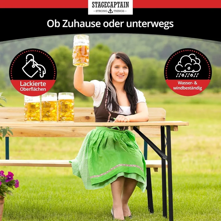 Stagecaptain 'Hirschgarten' Bierzeltgarnitur mit Lehne, Holz, 119 x 44,5 x 75,5 cm, 2x Bank, 1x Tisch, Natur – Bild 5