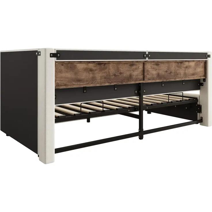 Polsterbett mit LED-Streifen, Lattenrost, Regal, Aufbewahrung, Type-C und USB, gepolsterter Kopfteil, 90x200 cm, Schlafsofa, Tagesbett, Leinen – Bild 8