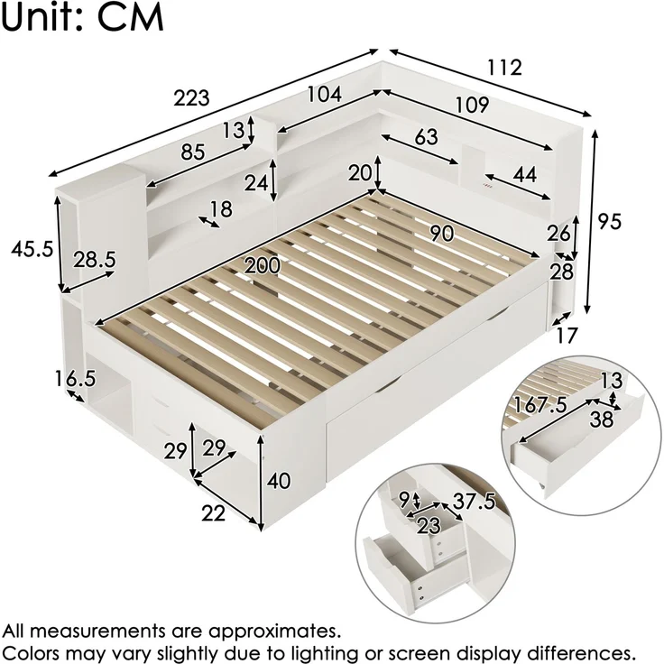 CHICFURN Bett aus Holzwerkstoff Weiß 90x200 cm mit LED-Beleuchtung, Stauraum und USB- und Type-C-Anschlüssen – Bild 10