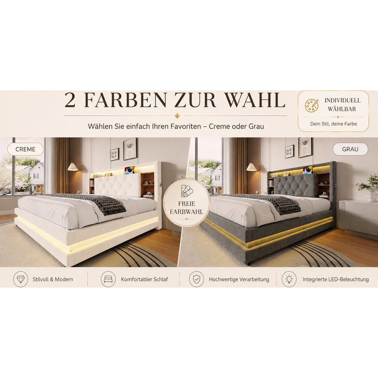 TavilaEcon Boxspringbett Samtbett, Polsterbett mit LED-Beleuchtung & USB-Ladefunktion beige Liegefläche 140 × 200 cm – Bild 9