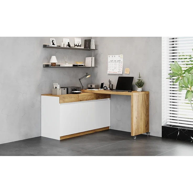 ZUBALIYA Schreibtisch mit feststellbaren Rollen – multifunktionales Design, 4 cm dickere, drehbare Tischplatte, fest arretierbar, weiß/Eiche, Faltbarer Schreibtisch, Eckschreibtisch, Sideboard,Dicke Materialie,Weiß Eiche – Bild 20
