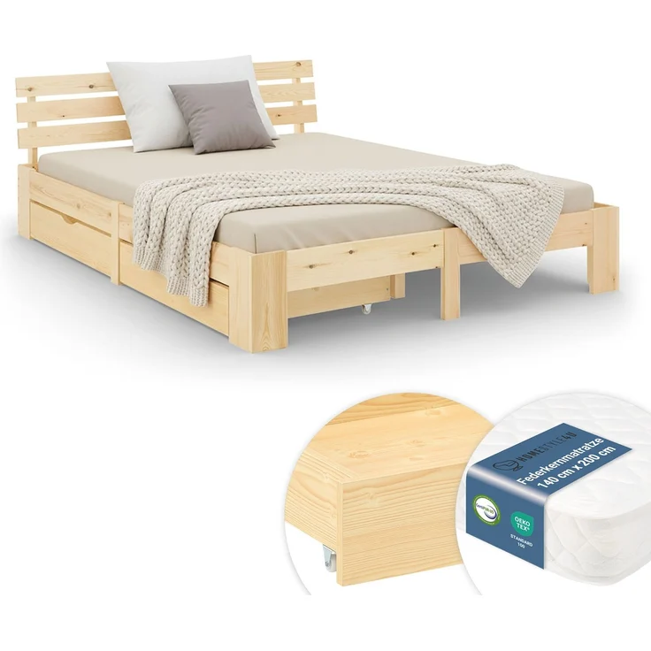 Holzbett 140x200 cm mit Federkernmatratze & 2 Bettkästen Doppelbett Bett Holzbettrahmen Natur Massiv Holz Lattenrost – Bild 1