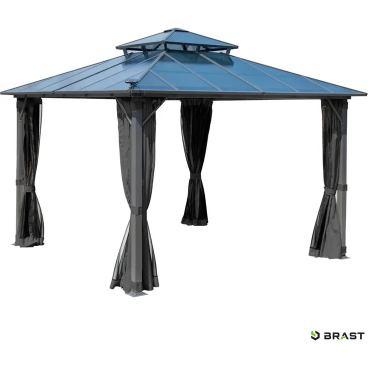 BRAST Pavillon Aluminium Pagode 3,5x3,5m Grau inkl. Moskitonetz festes Dach wasserdicht stabil UV-Schutz