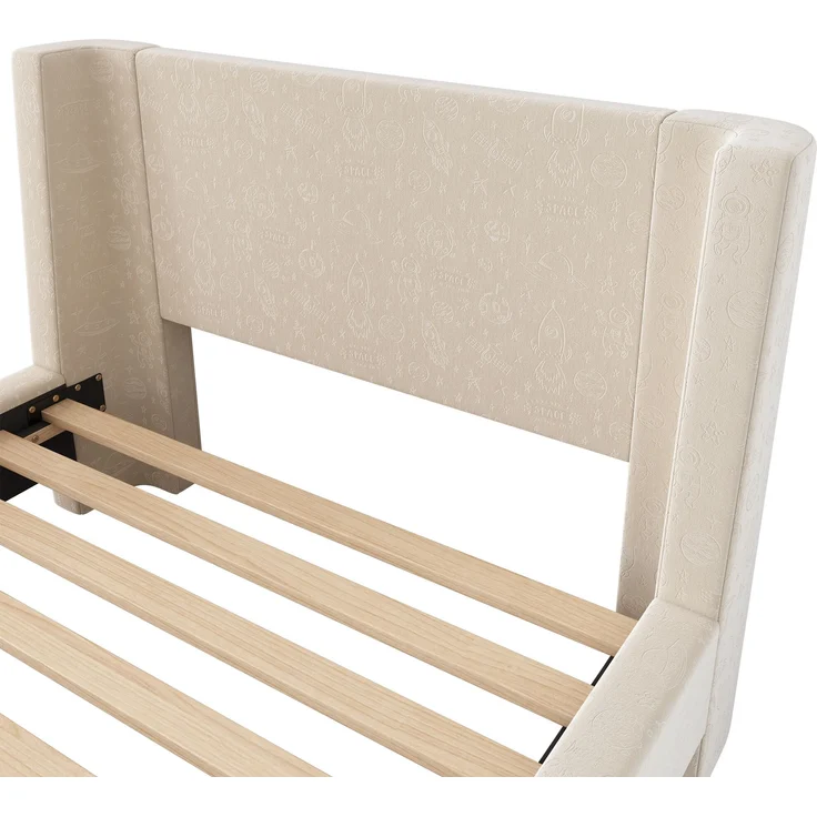 Kinderbett Schlittenbett, Samt mit Weltraum-Muster & Lattenrost, 99x212x76 cm, Beige, ohne Matratze – Bild 9