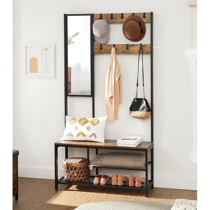 Vasagle Garderobenständer mit Spiegel, Haken, Schuhregal, Holzspanplatte Vintagebraun/Schwarz, 98 x 36 x 185 cm