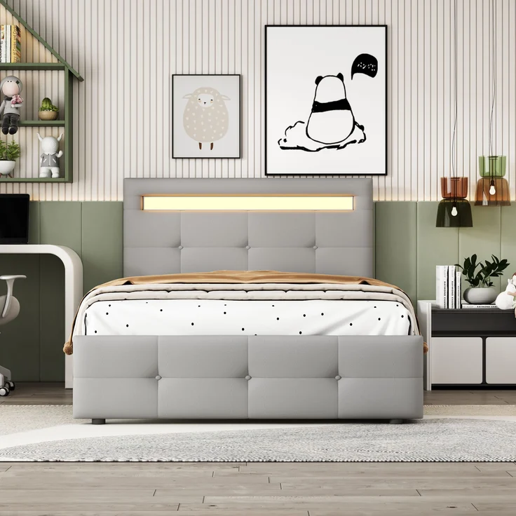 Polsterbett 90x200 cm mit LED-Beleuchtung und Schubladen – klassisches Design, höhenverstellbares Kopfteil – Bild 3