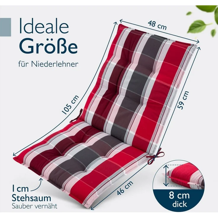 Beautissu Sitzauflage Premium Niedriglehner Sun-NL, 100x50cm, Rot-Anthrazit Gestreift, 8cm Dicke Gartenstuhlauflage mit Befestigung UV-Lichtechtheit 5 – Bild 2