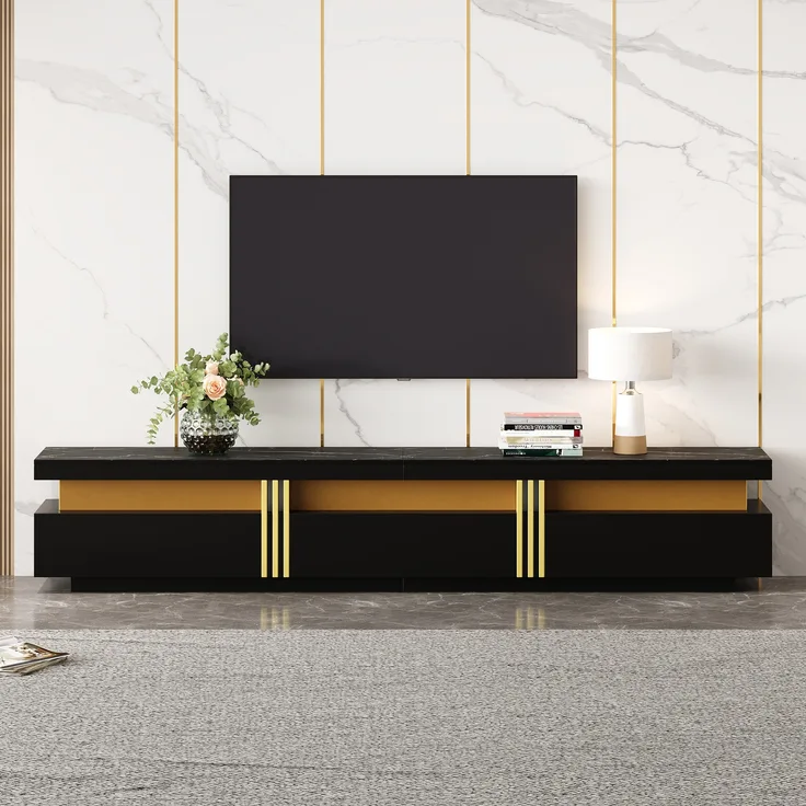 TV-Schrank, mit Marmor-Optik, 3 Schubladen & Kabelmanagement, 200x40x42 cm, Schwarz