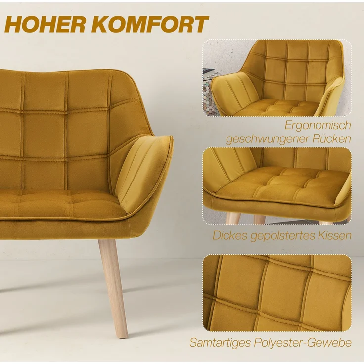 Ohrensessel Einzelsessel Relaxsessel mit Samt, skandinavisch, erhöhte Beine, samtartiges Polyester, Gelb 67x61,5x71 cm--Gelb--67x61.5x71cm--YOUDENOVA – Bild 4