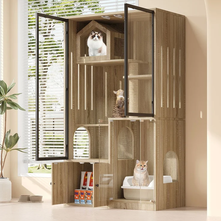 Abrihome Katzenkäfig mit Kratzpfosten, Natur, 160x50x90 cm – Bild 2