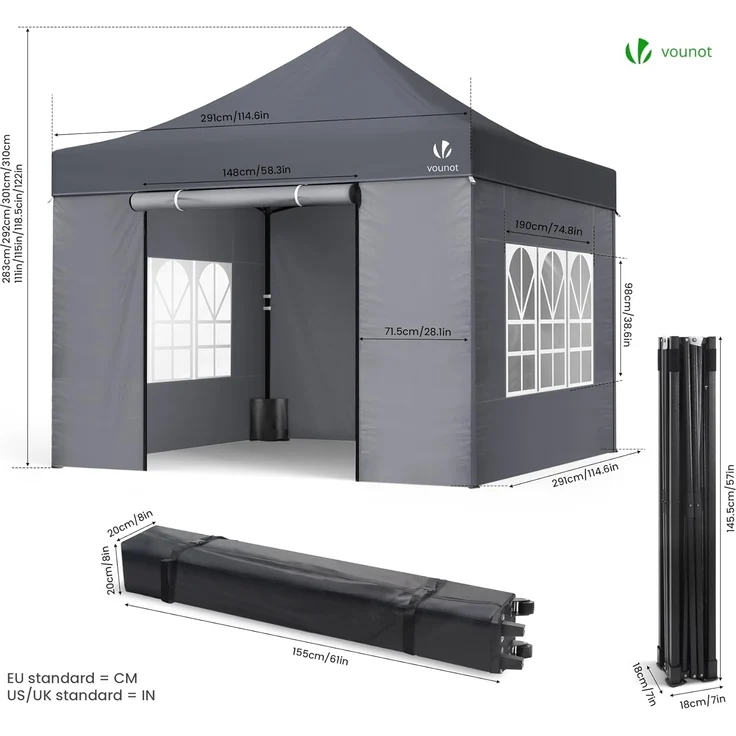 VOUNOT Pavillon 3x3 m Wasserdicht Stabil Winterfest, Pop Up Faltpavillon mit 4 Seitenteilen und 4 Sandsäcke, Party Pavillon Faltbar Gartenzelt Partyzelt, Grau – Bild 7