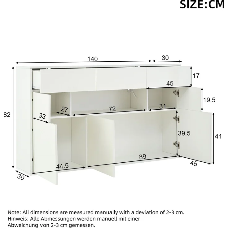 Merax 140*30*82cm Wohnzimmer-Sideboard, mit 3 Schubladen und 5 Schränken,Hochglanz-Kommode Mit LED-Lichtleiste,Schrank 140cm breit,MDF, weiß – Bild 4