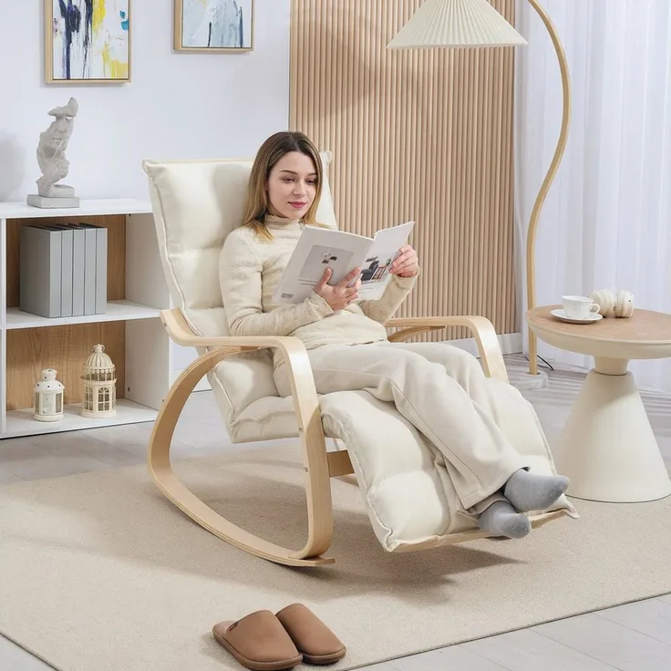 HOMCOM Schaukelstuhl Schaukelsessel mit hoher Rückenlehne, Relaxsessel mit Leinenoptik (Schwingsessel, 1 St), Lesesessel für Wohnzimmer, Schlafzimmer, Balkon Creme