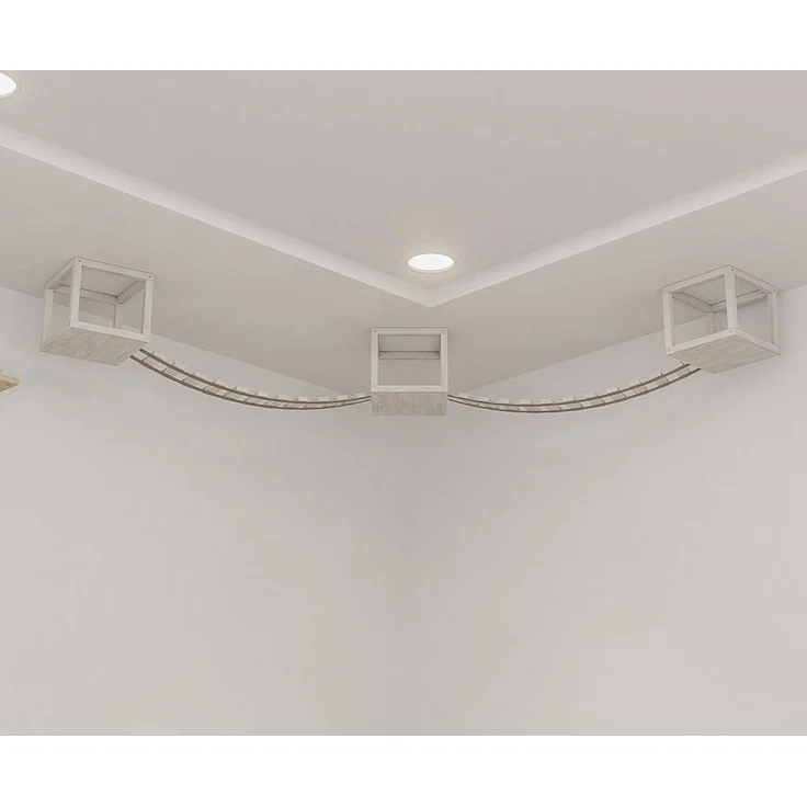 QLS Katzen-Kletterwand Deckenmontage, Set mit 2 Brücken und 3 Liegen aus Holz – Bild 2