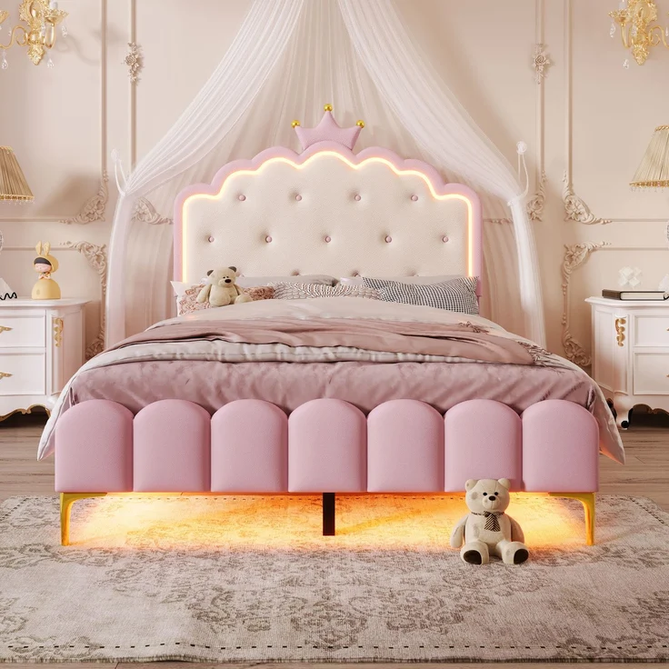 Prinzessinnenbett Kinderbett 140x200 rosa mit LED-Ambientebeleuchtung Metallfüße Kunstleder Polsterbett – Bild 4