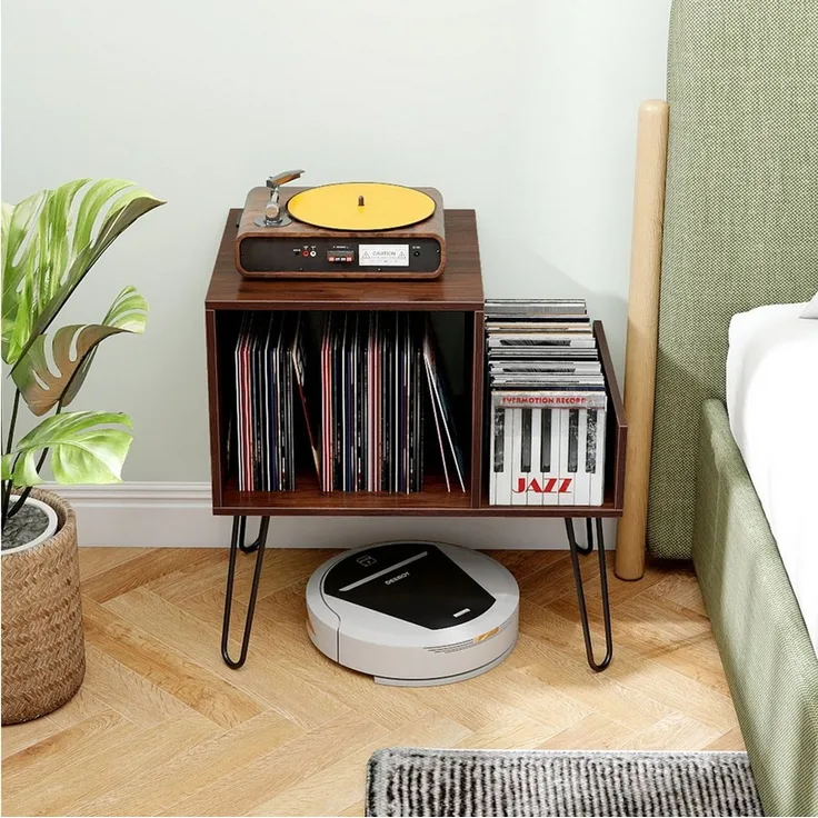 COSTWAY Beistelltisch, mit Ladestation, Plattenspielerständer mit Trennwänden