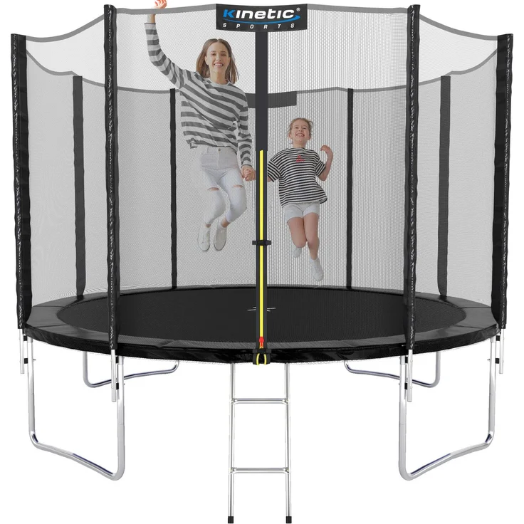 KINETIC SPORTS Trampolin Outdoor SALTO - Kindertrampolin Gartentrampolin Set mit Leiter, Netz, Randpolster, USA Sprungtuch, bis zu 160kg, Schwarz, Ø 250 cm – Bild 1
