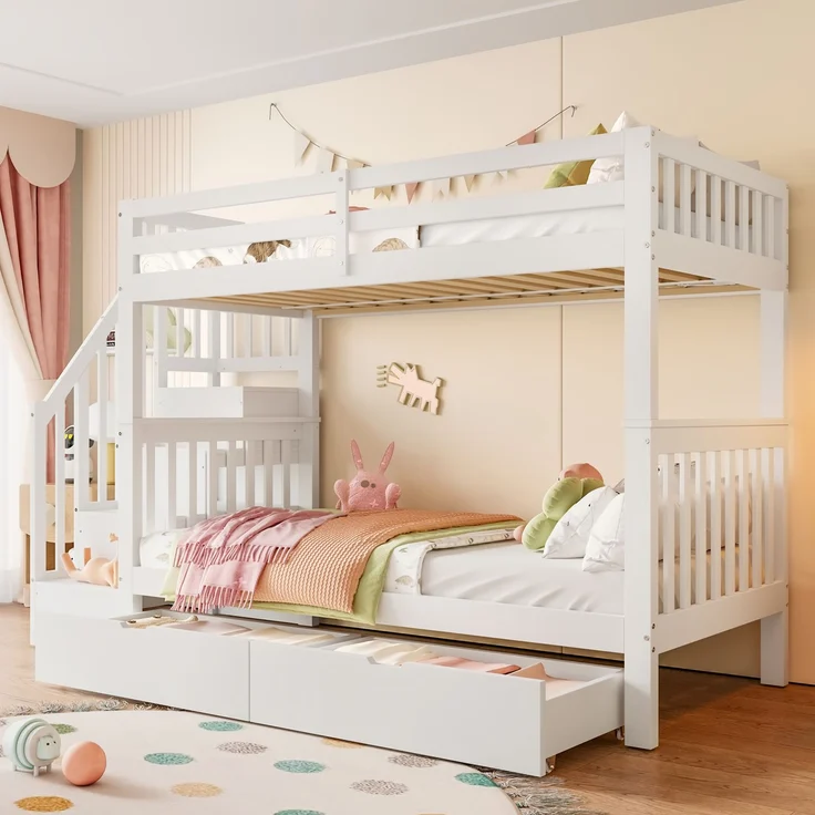 Etagenbett 90x200 cm mit Treppenregal, zwei Schubladen, hohes Sicherheitsgeländer mit Stauraum, Weiß – Bild 1