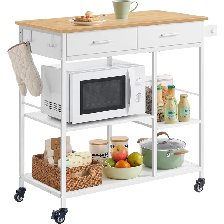 VASAGLE Küchenwagen mit Rollen, mobiler Servierwagen mit Stauraum, Kücheninsel, 45 x 98,7 x 90 cm, 2 Schubladen, 2 Haken, für Esszimmer, eichenbeige-mattweiß