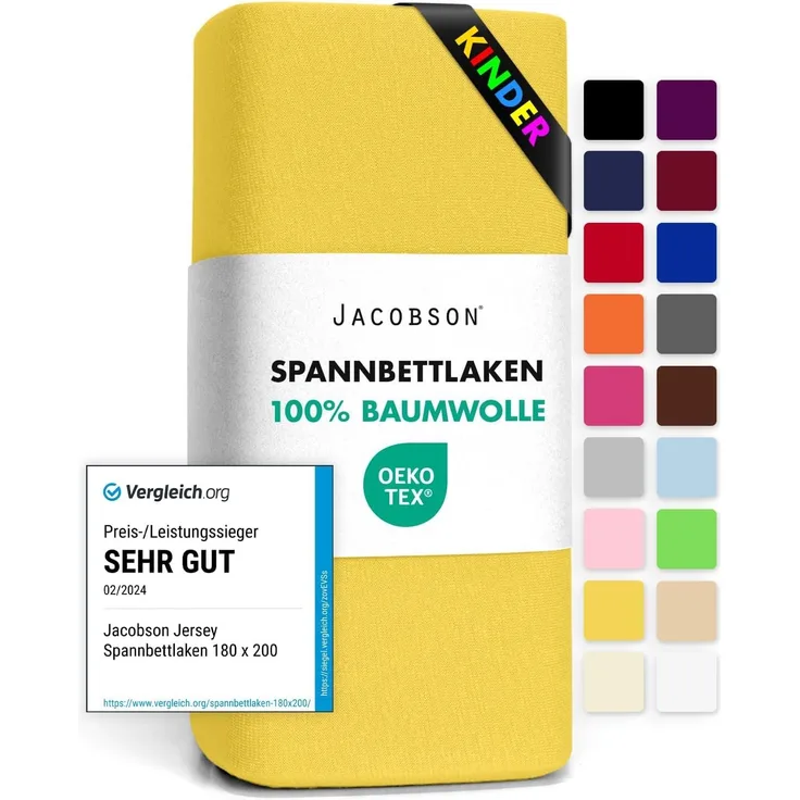 JACOBSON Jersey Spannbettlaken Spannbetttuch Baumwolle Bettlaken (60x120-70x140 cm, Gelb)