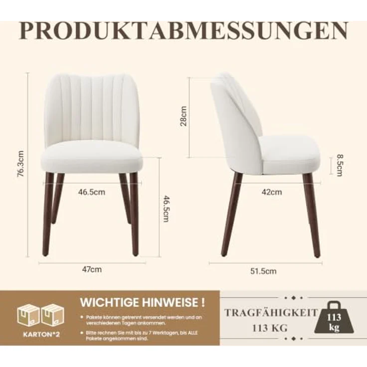 MALOL Esszimmerstühle 4er Set, Polsterstühl mit Rückenlehne, Ergonomisch Gepolsterte Küchenstühle mit vertikaler Rillenlehne, Moderne Esszimmer Stühle für Esstisch Wohnzimmer Café Restaurant, Beige – Bild 2
