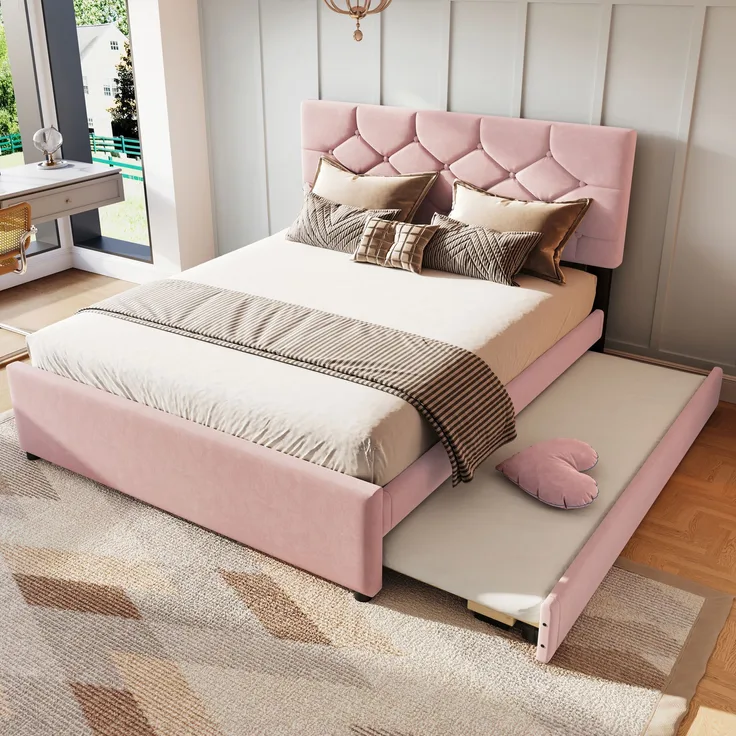 Polsterbett, Bett mit Lattenrost, ohne Matratze, Mit Rollcontainer, Minimalistisch, Samt, Rosa, 140 x 200 cm