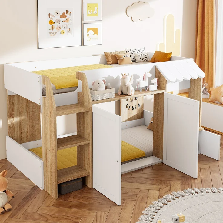 Merax Kinderbett Hausbett 90x200cm, mit offenem Stauraum, mit Kletterleiter, Halbhohes Kinderhochbett, Massivholz-Kinderetagenbett ohne Matratze, Weiß+Holzfarbe – Bild 2