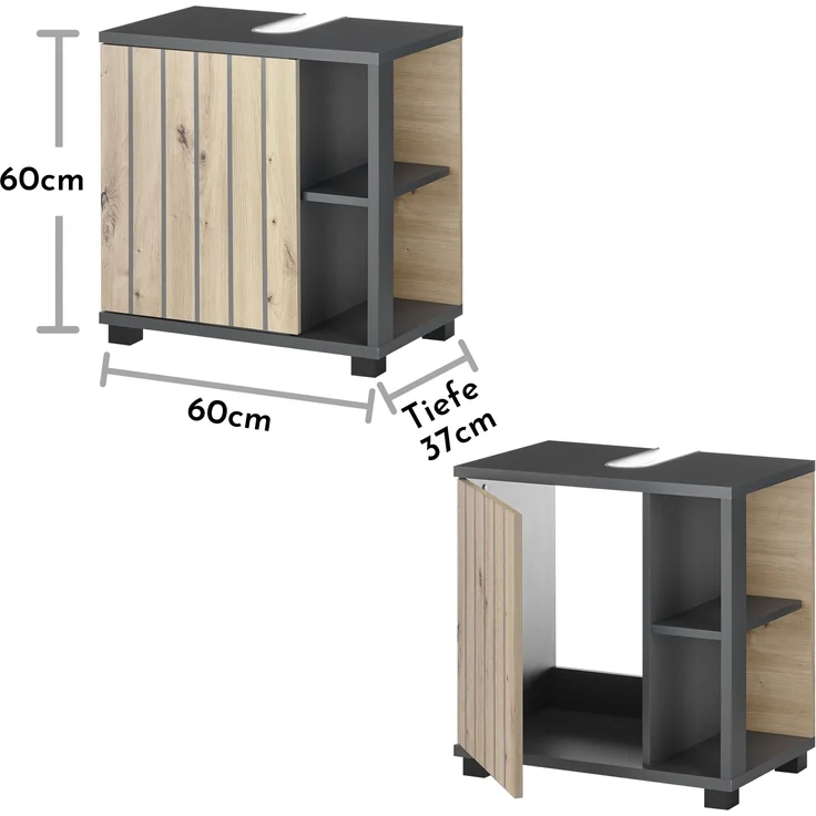 NIZZA Badezimmer Waschbeckenunterschrank in Graphit, Artisan Eiche Optik - Bad Unterschrank Badezimmerschrank mit viel Stauraum - 60 x 60 x 37 cm (B/H/T) – Bild 7