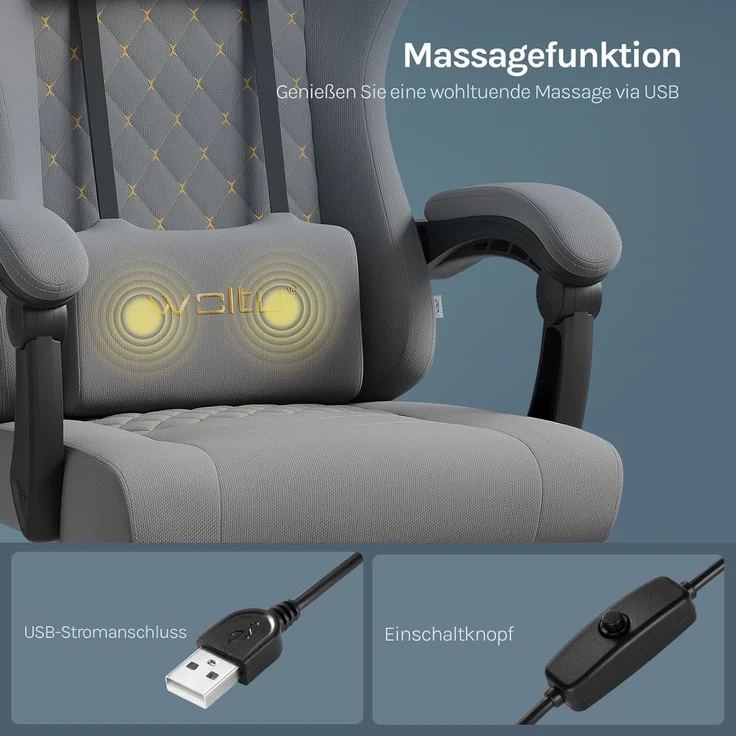 WOLTU Gaming Stuhl mit Massagefunktion, Computerstuhl mit Taschenfederkissen, Gamer Sessel ergonomisch, Drehstuhl mit Kopfkissen, Lendenkissen, Fußstütze, 150 kg, Netzstoff, Grau + Gelb, GS08gr – Bild 8