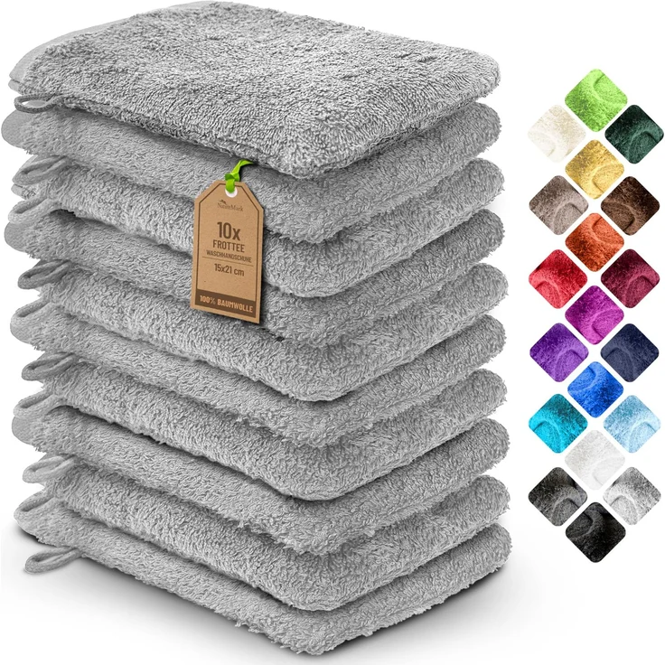NatureMark 10x Waschhandschuhe aus Frottee 100% Baumwolle – Weich und Robust, Ideal für die tägliche Pflege und Gäste – Silber Grau, 15x21 cm