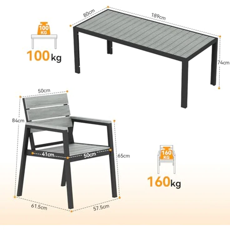 JUMMICO Gartenmöbel Set aus mit Holzoptik, Wetterfestes Terrassenmöbel in 150cm oder 189cm für 6-8 Personen, Stabiles Set für Balkon und Garten – Bild 2
