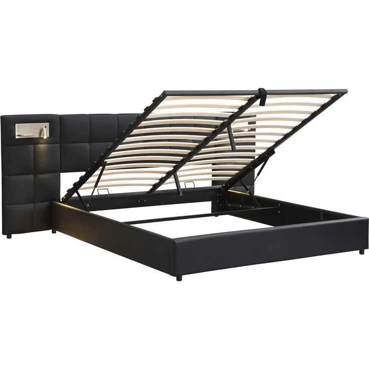 Polsterbett mit LED-Beleuchtung, Wireless Charger und Stauraum, extra breites Kopfteil mit Spots, Type-C und USB Anschlüssen, 180x200 cm, gepolsterter Kopfteil, Doppelbett, Stauraumbett, Kunstleder – Bild 7