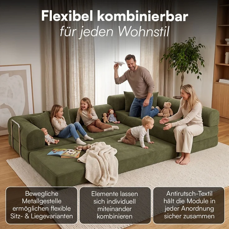 skølm 'Lofn' Modulares Sofa 4 Sitzer, 300x200 cm, Vollschaumcouch mit Metallgestell, Cord olivegrün, Schlafsofa vakuumverpackt, kein Aufbau erforderlich – Bild 5