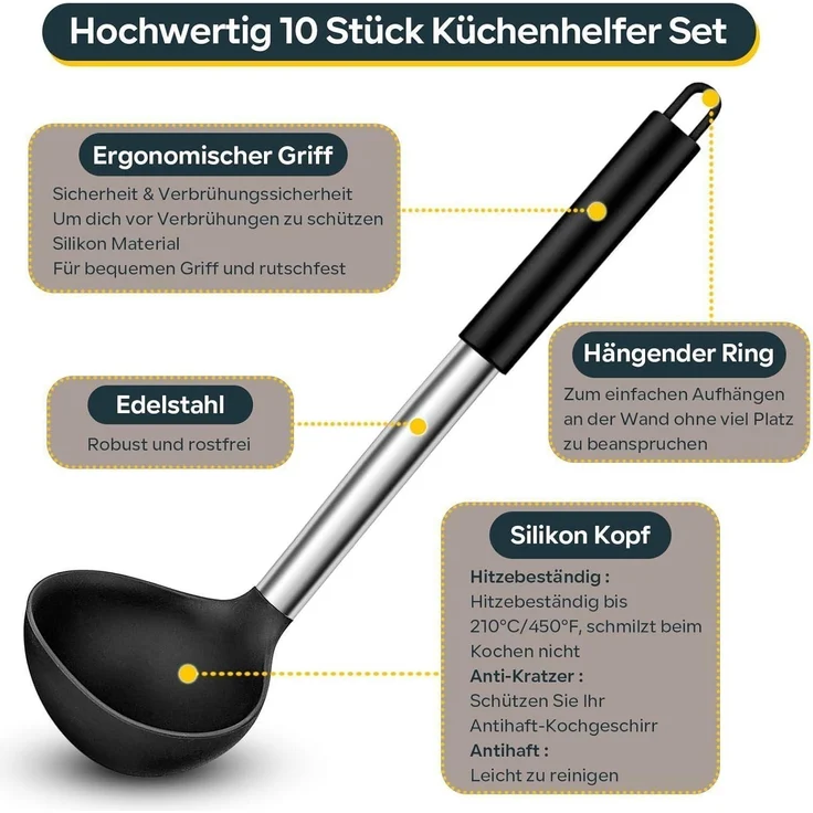 Küchenhelfer Set 10-tlg. Silikon Kochutensilien Edelstahlgriff Schwarz – Bild 4