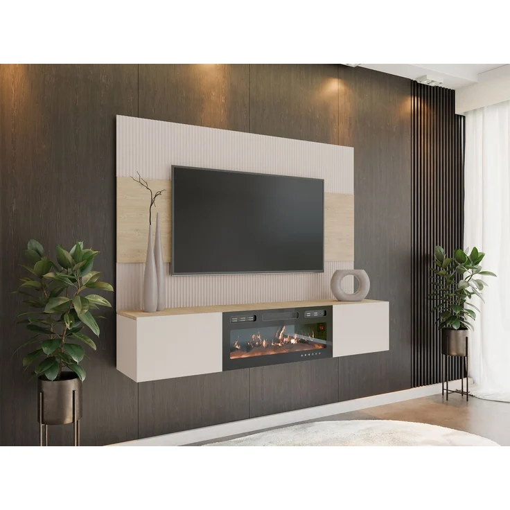 Wohnwand Deromi III mit Kamin (Farbe: Sandbeige + Nuss Cremona) – Bild 1