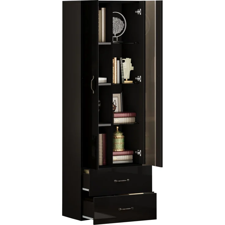LED-beleuchtete Vitrine, 2 Türen, Standvitrine mit transparenter Tür, freistehende Vitrine LED-Vitrine Wohnzimmer Wohnzimmerwand LED-Vitrine LED-Schrank Buffetschrank,Schwarz--Schwarz--59.5x35x182cm--YOUDENOVA – Bild 6