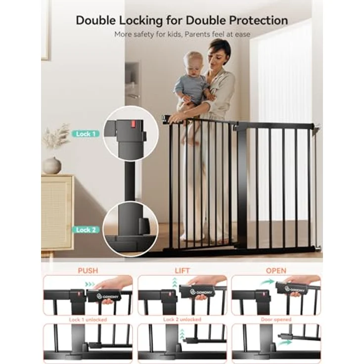 COMOMY 75-117cm Türschutzgitter Ohne Bohren, Treppenschutzgitter Auto Close mit Grün/Rotem Schild, Kindersicherung Tür, Türgitter für Hund/Katze, 90° Stop, mit Y-Spindel (76cm Hoch, Schwarz) – Bild 5