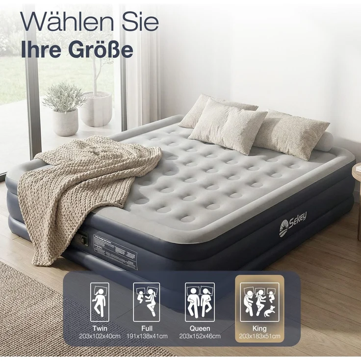 Sekey Luftbett mit integrierter Luftpumpe, Luftmatratze selbstaufblasend Camping, 203 x 183 x 51 cm, blau / grau – Bild 4