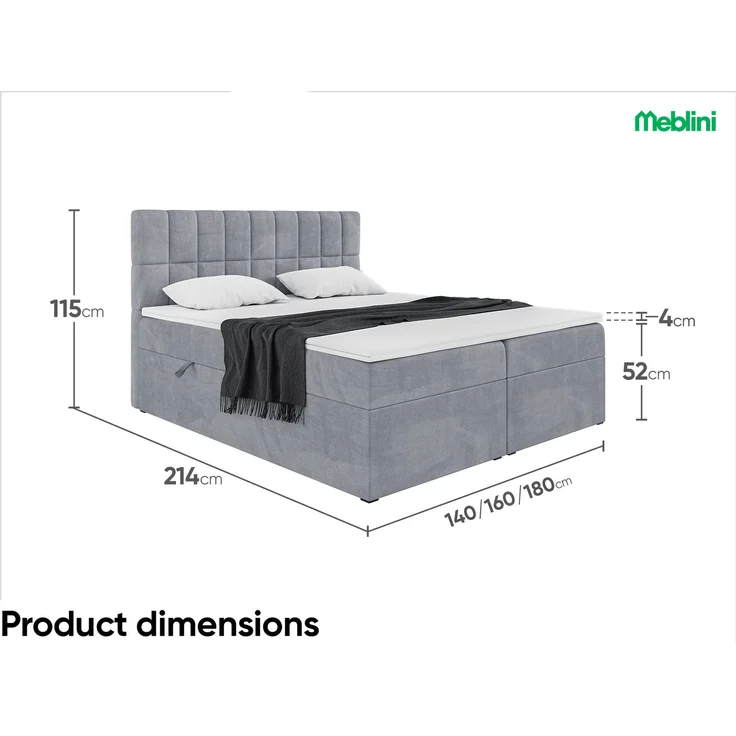 MEBLINI Boxspringbett LUKAS 140x200cm - H3/Grau Samt - mit Bettkasten - Polsterbett - Doppelbett mit Topper & Taschenfederkern-Matratze – Bild 7