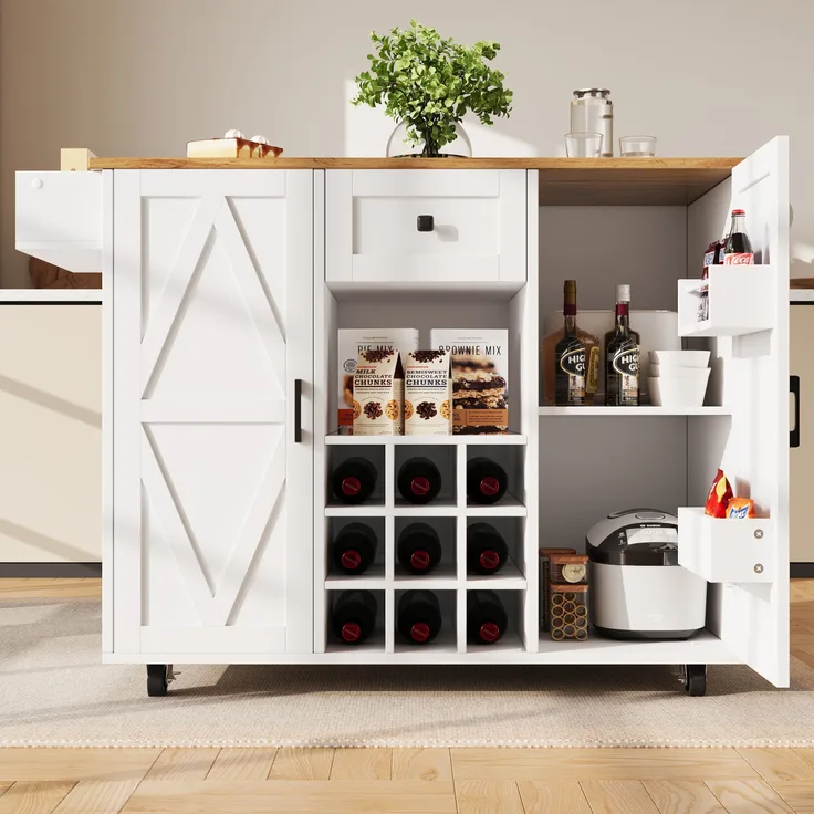 Küchenwagen 137,5x40x95,6 cm (ausgeklappt 137,5x65x95,6 cm), klappbar mit Stauraum, weiß, MDF