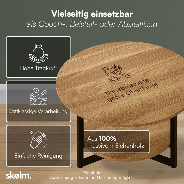 skølm 'Drakkar' Couchtisch rund, Massivholz Eiche, natur geölt, Wohnzimmertisch Ø70 cm mit Metallgestell, Beistelltisch für Wohnzimmer mit Ablage – Bild 4