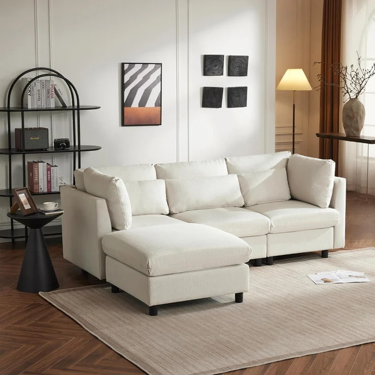 Ecksofa Fußhocker 220cm L Form 3 Sitzer Beige Ecksofa mit Fußhocker – Bild 6