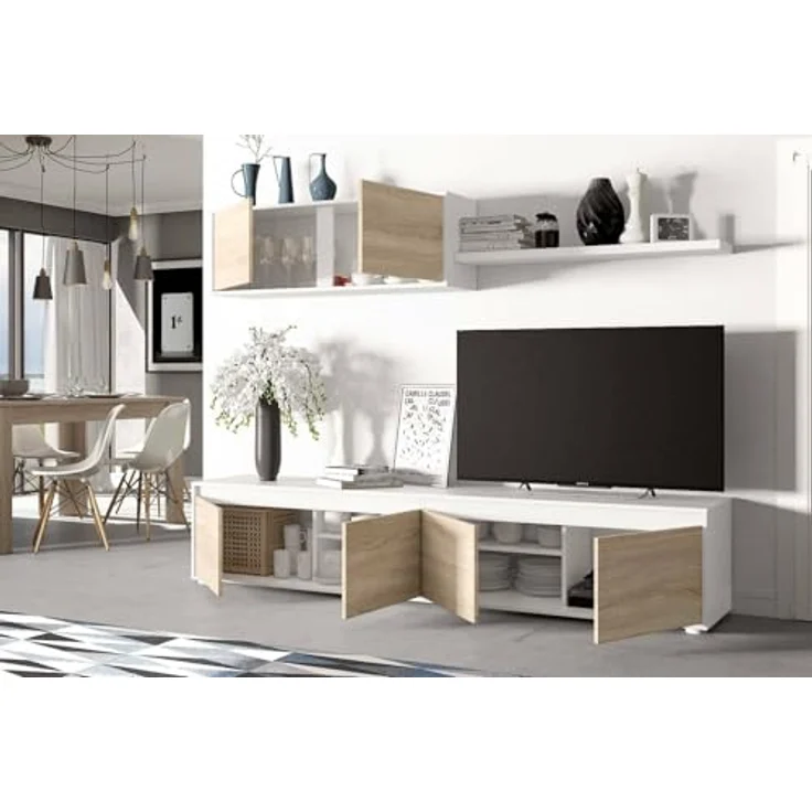 Dmora - Wandsystem Savannah, TV-Ständer, Wohnzimmermöbel, Zusammensetzung des Wohnzimmersets, Wohnzimmerset mit Schrankwand, 200 x 41 x 43 cm, Weiß und Eiche – Bild 4
