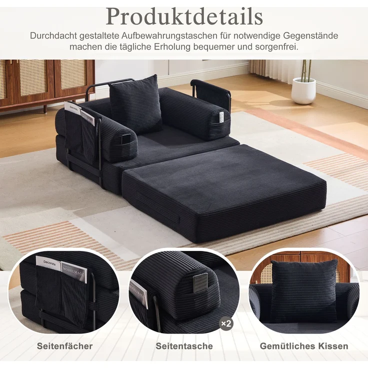 LVHOM 3-in-1 Schlafsessel, Klappsofa mit Schlaffunktion, Einzelschlafsofa mit Seitentaschen und Kissen, Polstersofa aus Cordstoff, frei Kombination, Schwarz – Bild 4