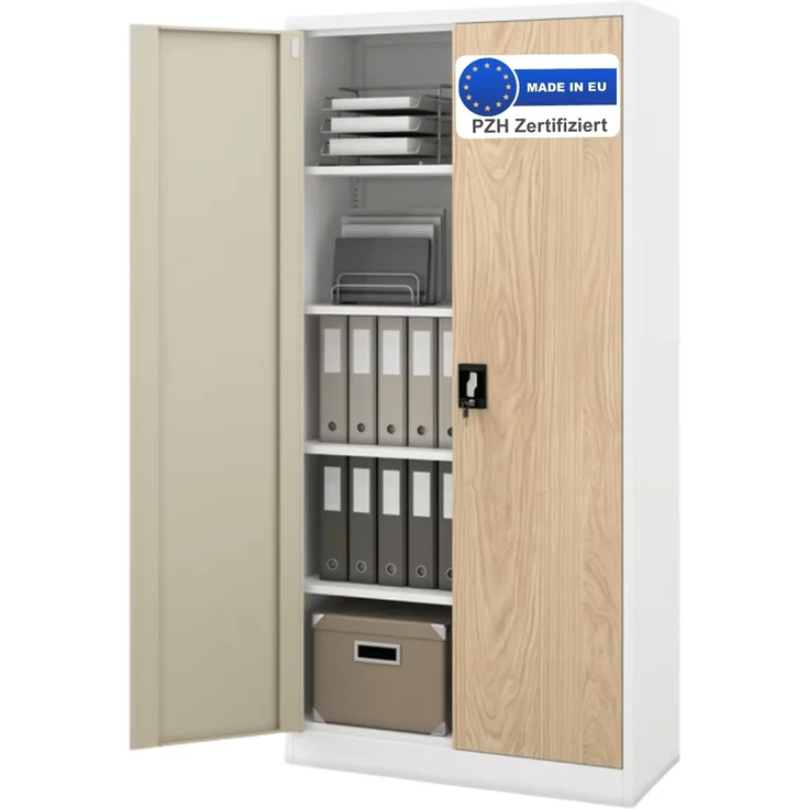 Aktenschrank abschließbar KADO - 5 Ebenen verstellbar, Flügeltüren | Metallschrank Werkstatt Mehrzweckschrank Büroschrank aus Stahl Werkzeugschrank, 185x90x40cm Weiß-Sonoma Eiche – Bild 1