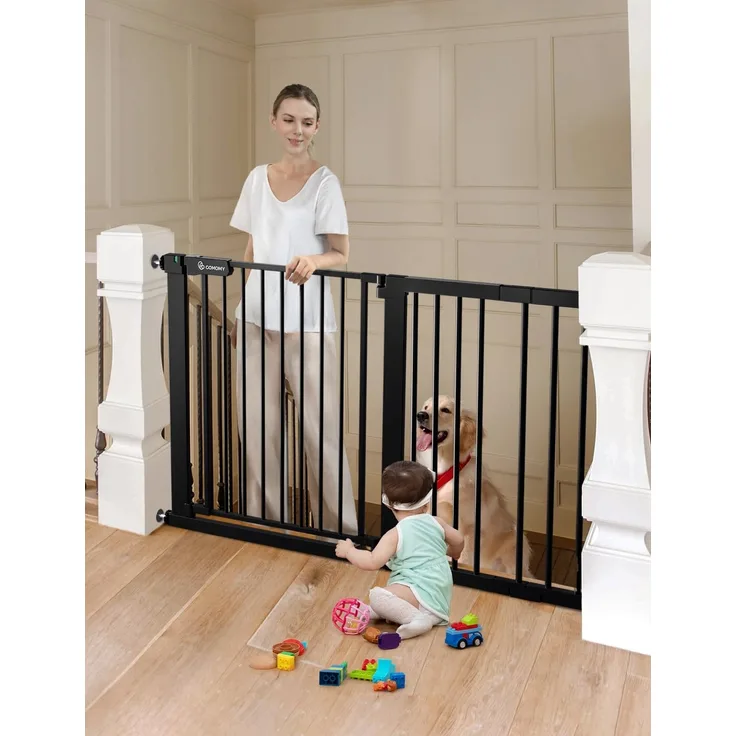 COMOMY 75-131cm Treppenschutzgitter Ohne Bohren, Türschutzgitter Automatisches Schließen mit Grün/Rotem Schild, Baby schutzgitter Kindergitter Hundegitter für Treppe (76cm Hoch, Schwarz)