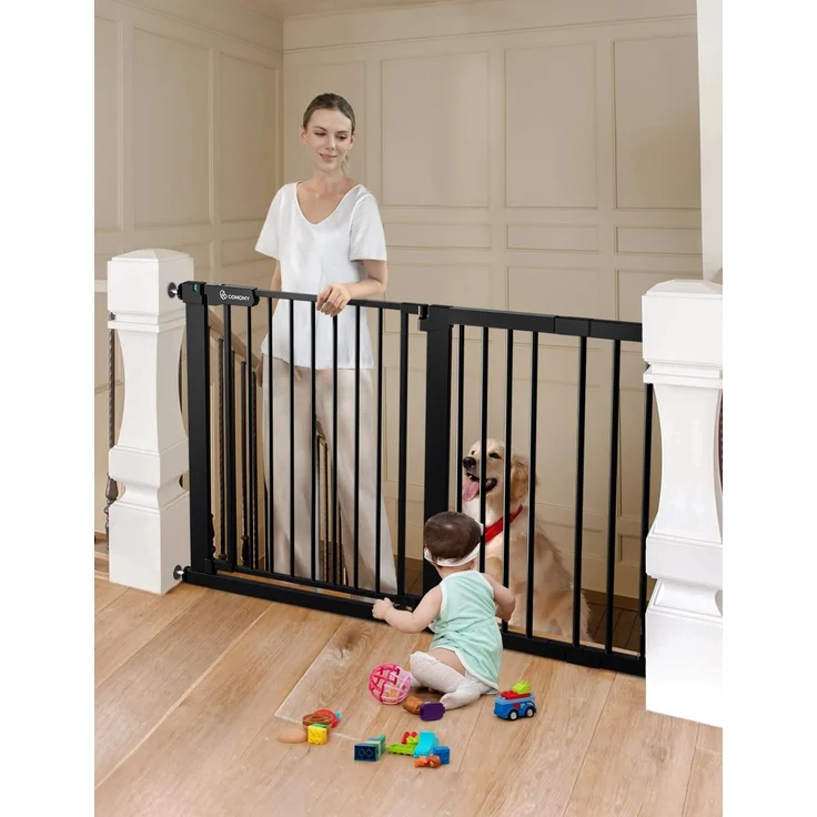 COMOMY 75-131cm Treppenschutzgitter Ohne Bohren, Türschutzgitter Automatisches Schließen mit Grün/Rotem Schild, Baby schutzgitter Kindergitter Hundegitter für Treppe (76cm Hoch, Schwarz) – Bild 1