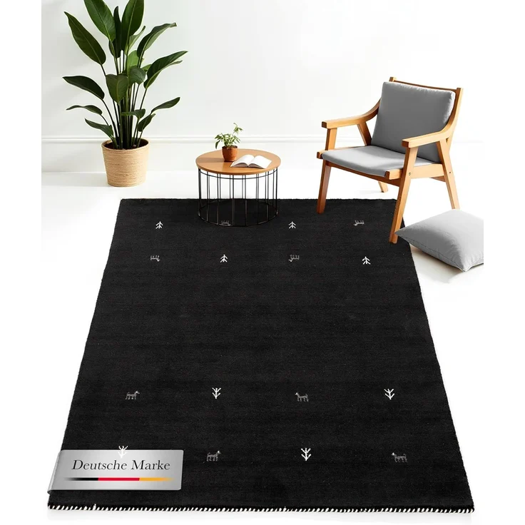 carpetfine 'Gabbeh Uni' Wollteppich, reine Wolle, Schwarz, 80x150 cm – Bild 1