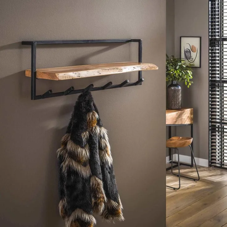 Garderobe Natredja aus Akazienholz, modern industriell, Natur, 6 Haken und Ablage