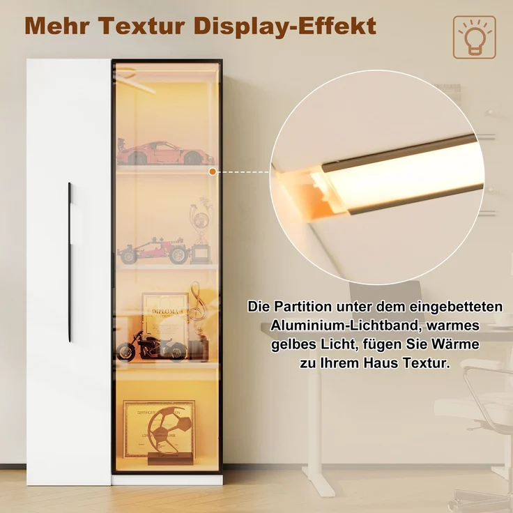 ZUBALIYA Multifunktionsschrank 160 cm hoch – Bücherregal und Vitrine mit Türen aus gehärtetem Glas, Türrahmen aus Aluminium, 1 Tür, 1 seitliche Schublade, mit Rollen und LED-Beleuchtung – Vitrine, Esszimmersch – Bild 9